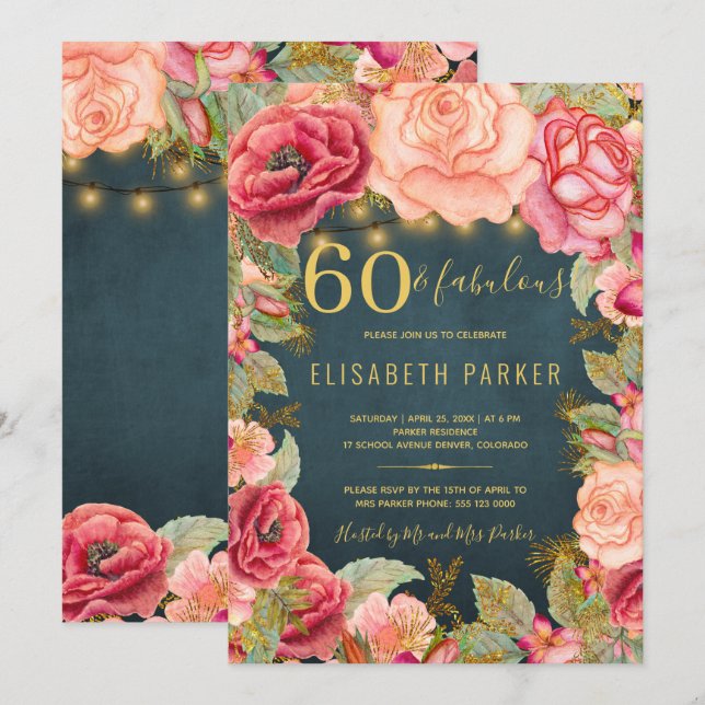 60 and fabulous floral elegant 60th birthday party invitation (Front/Back)