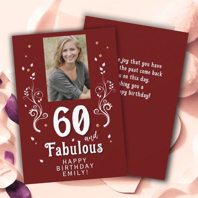 60 and Fabulous Foliage Red 60th Birthday Photo Card (Creator Uploaded)