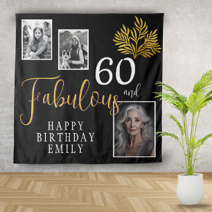 60 and Fabulous Gold Foliage 3 Photo Birthday  Tapestry