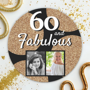 60 and Fabulous Gold Glitter 2 Photo 60th Birthday Classic Round Sticker