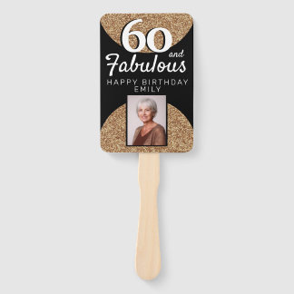 60 and Fabulous Gold Glitter 2 Photo 60th Birthday Hand Fan