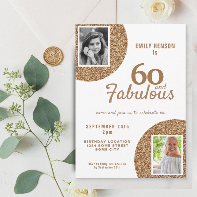 60 and Fabulous Gold Glitter 2 Photo 60th Birthday Invitation (Creator Uploaded)