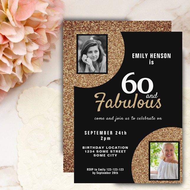 60 and Fabulous Gold Glitter 2 Photo 60th Birthday Invitation (Creator Uploaded)