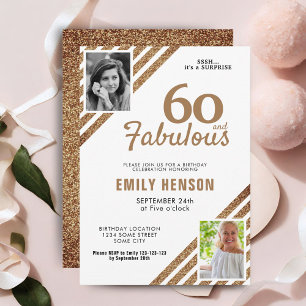 60 and Fabulous Gold Glitter 2 Photo 60th Birthday Invitation