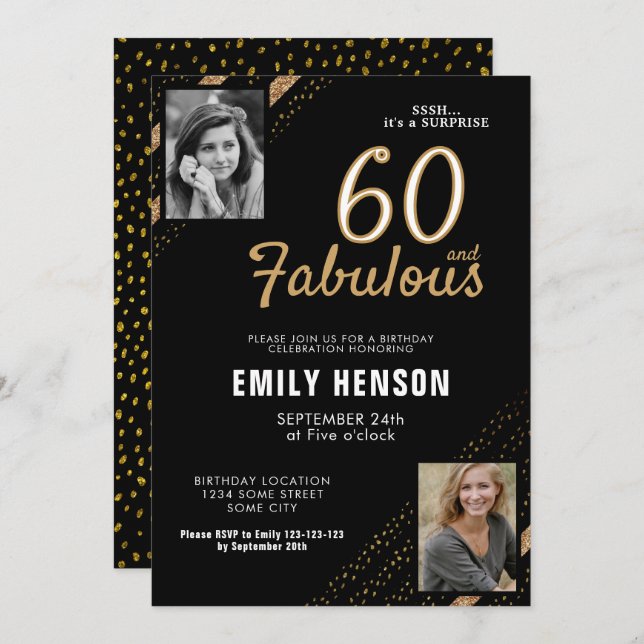 60 and Fabulous Gold Glitter 2 Photo 60th Birthday Invitation (Front/Back)
