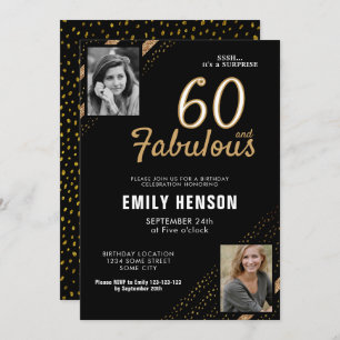 60 and Fabulous Gold Glitter 2 Photo 60th Birthday Invitation