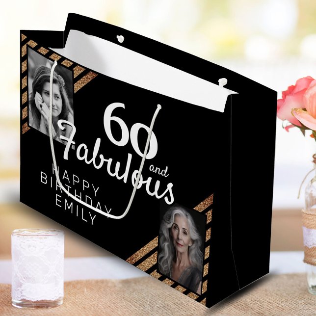60 and Fabulous Gold Glitter 2 Photo 60th Birthday Large Gift Bag (Creator Uploaded)