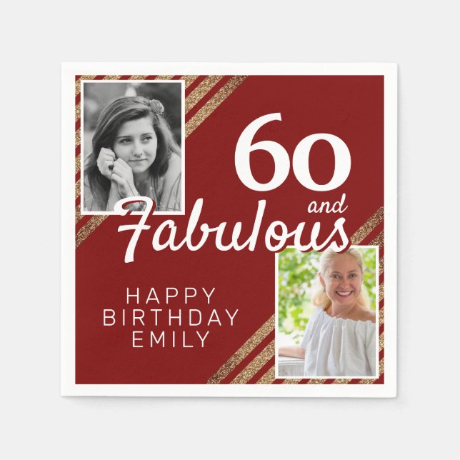 60 and Fabulous Gold Glitter 2 Photo 60th Birthday Napkin (Front)