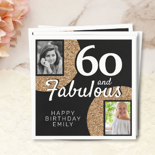 60 and Fabulous Gold Glitter 2 Photo 60th Birthday Napkin