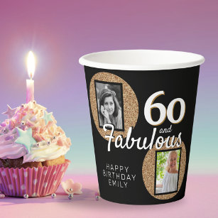 60 and Fabulous Gold Glitter 2 Photo 60th Birthday Paper Cups