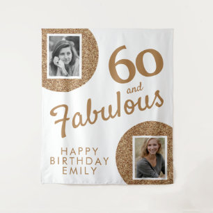 60 and Fabulous Gold Glitter 2 Photo 60th Birthday Tapestry