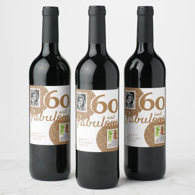 60 and Fabulous Gold Glitter 2 Photo 60th Birthday Wine Label (Bottles)