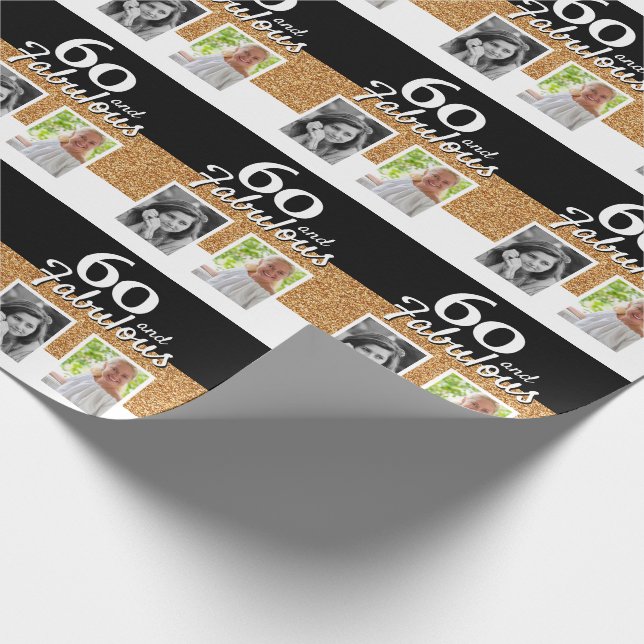 60 and Fabulous Gold Glitter 2 Photo 60th Birthday Wrapping Paper (Corner)