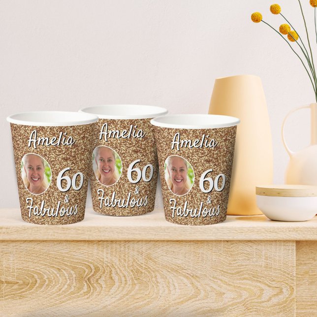 60 and Fabulous Gold Glitter 60th Birthday Photo Paper Cups (Creator Uploaded)