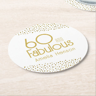 60 and Fabulous Gold Glitter 60th Birthday  Round Paper Coaster