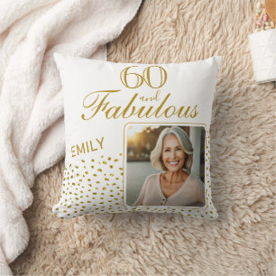 60 and Fabulous Gold Glitter Photo 60th Birthday Cushion