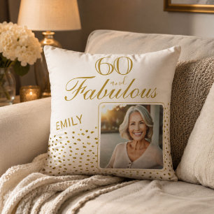 60 and Fabulous Gold Glitter Photo 60th Birthday Cushion