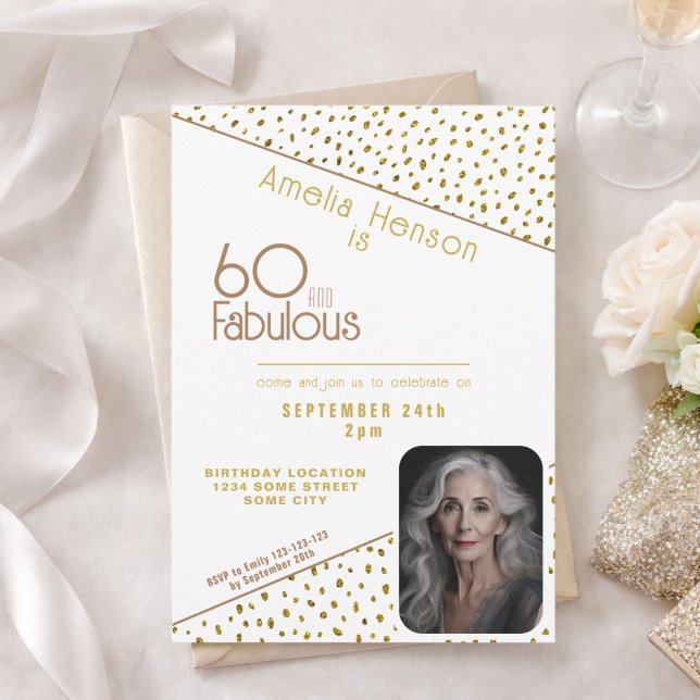 60 and Fabulous Gold Glitter Photo 60th Birthday Invitation (Creator Uploaded)