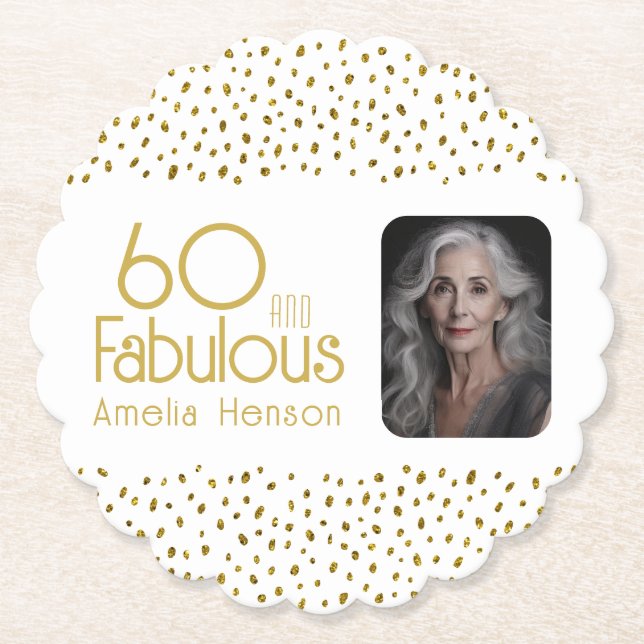 60 and Fabulous Gold Glitter Photo 60th Birthday Paper Coaster (Front)