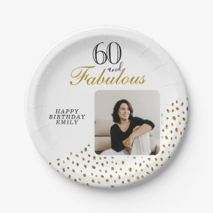 60 and Fabulous Gold Glitter Photo 60th Birthday Paper Plate