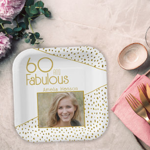 60 and Fabulous Gold Glitter Photo 60th Birthday Paper Plate