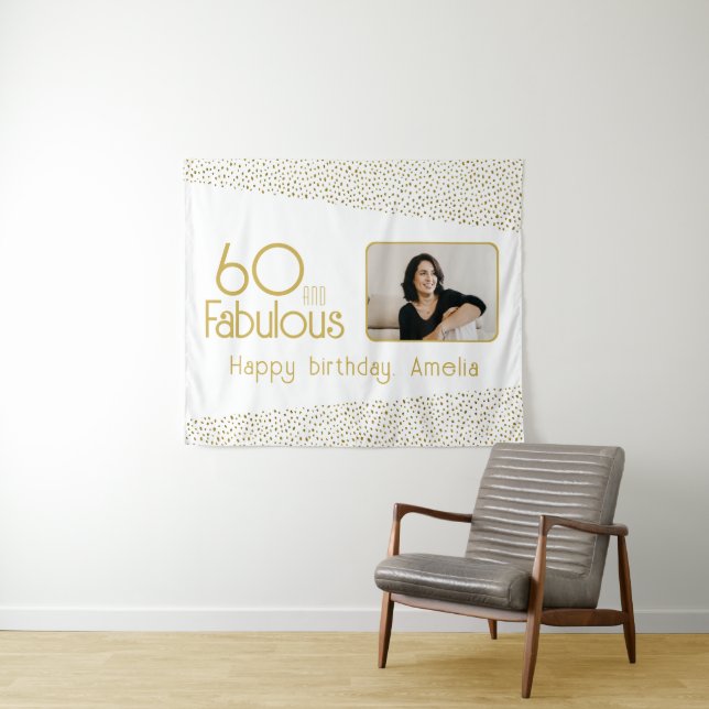 60 and Fabulous Gold Glitter Photo 60th Birthday Tapestry (In Situ (Horizontal))