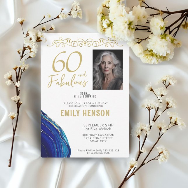 60 and Fabulous Gold Ornament 60th Birthday Photo  Invitation (Creator Uploaded)