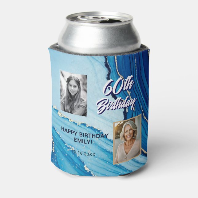 60 and Fabulous Marble Glitter 2 Photo Birthday Can Cooler (Can Back)