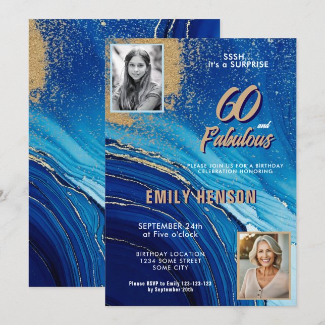 60 and Fabulous Marble Glitter 2 Photo Birthday Invitation (Front/Back)