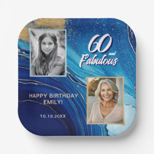 60 and Fabulous Marble Glitter 2 Photo Birthday Paper Plate