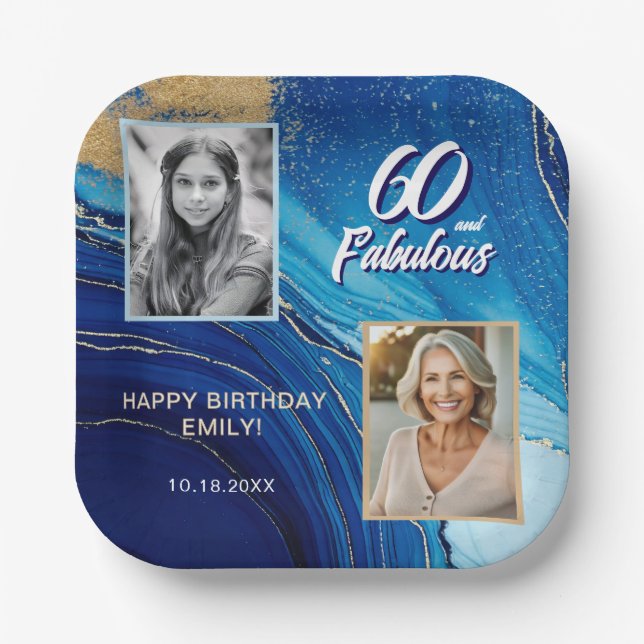 60 and Fabulous Marble Glitter 2 Photo Birthday Paper Plate (Front)