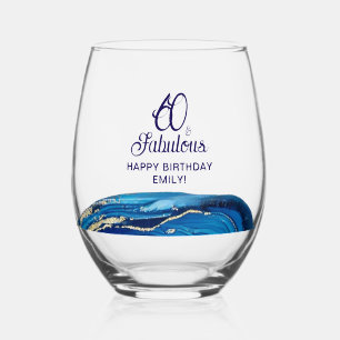 60 and Fabulous Marble Glitter Birthday Party  Stemless Wine Glass