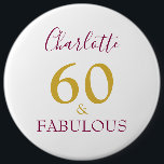 60 and Fabulous Modern 60th Birthday 6 Cm Round Badge<br><div class="desc">You are 60 and fabulous,  let the world know you have something to be proud of and celebrate this wonderful milestone sixtieth birthday with elegance and grace. Add your name to this stylish,  elegant,  minimalist,  typography in Gold and Tyrian purple announcing that you are indeed 60 and Fabulous.</div>