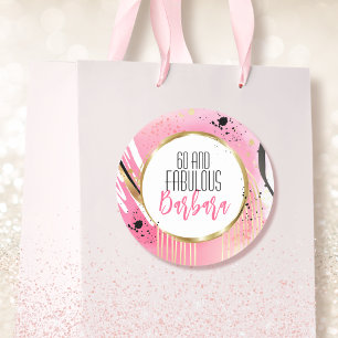 60 and Fabulous Modern Pink Black Glam Gold Classic Round Sticker