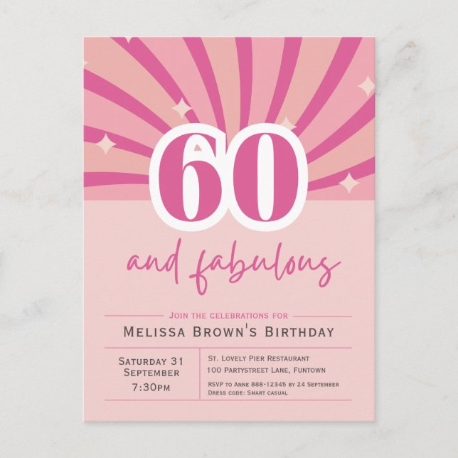 60 and fabulous Pink 60th Birthday Invitation Postcard (Front)
