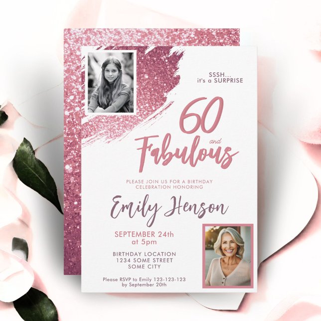 60 and Fabulous Pink Glitter 2 Photo 60th Birthday Invitation (Creator Uploaded)
