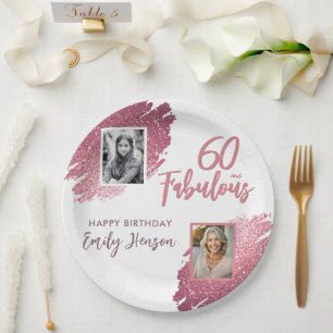 60 and Fabulous Pink Glitter 2 Photo 60th Birthday Paper Plate