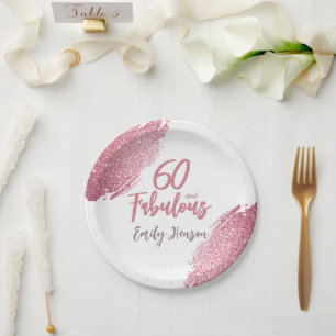 60 and Fabulous Pink Glitter 60th Birthday Paper Plate