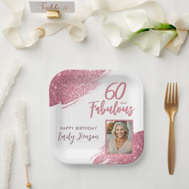 60 and Fabulous Pink Glitter Photo 60th Birthday Paper Plate (Wedding)