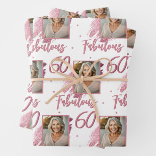 60 and Fabulous Pink Glitter Photo 60th Birthday Wrapping Paper Sheet