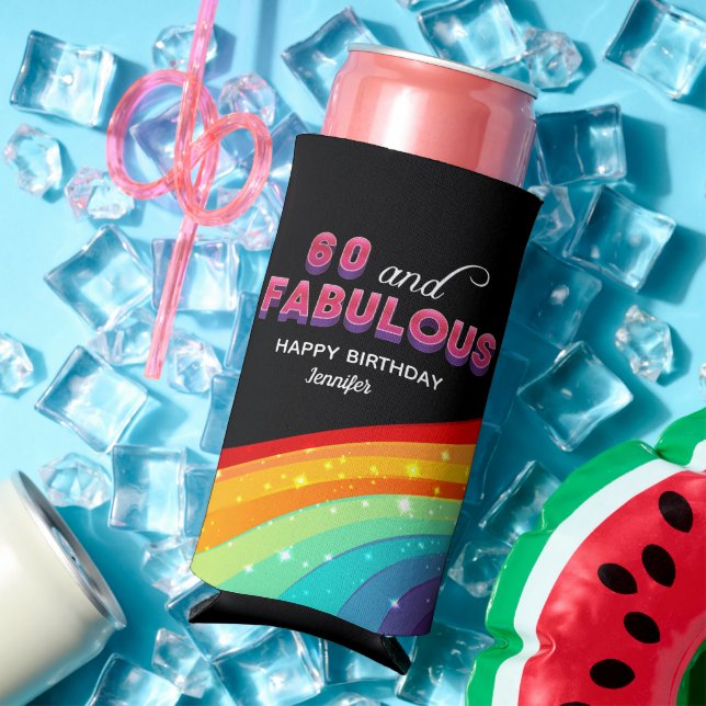 60 and Fabulous Rainbow Birthday Party Custom Seltzer Can Cooler (In Situ Summer)