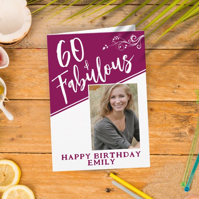 60 and Fabulous Script Photo Magenta 60th Birthday Card (Creator Uploaded)