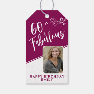 60 and Fabulous Script Photo Magenta 60th Birthday Gift Tags
