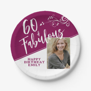 60 and Fabulous Script Photo Magenta 60th Birthday Paper Plate