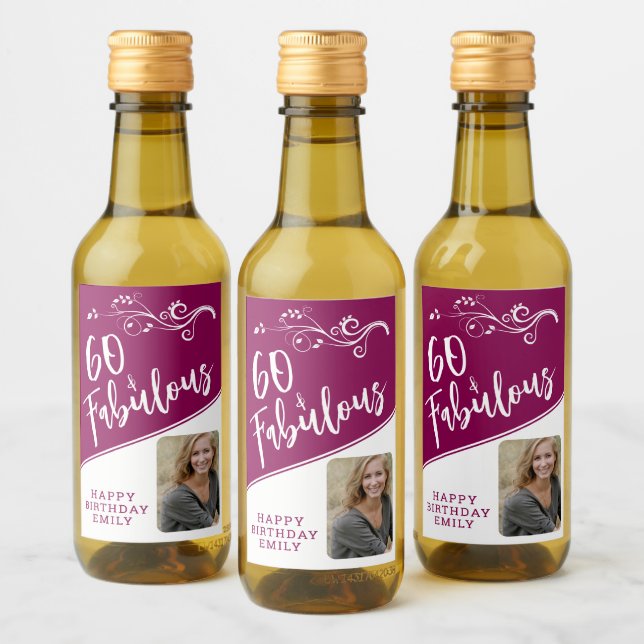60 and Fabulous Script Photo Magenta 60th Birthday Wine Label (Bottles)