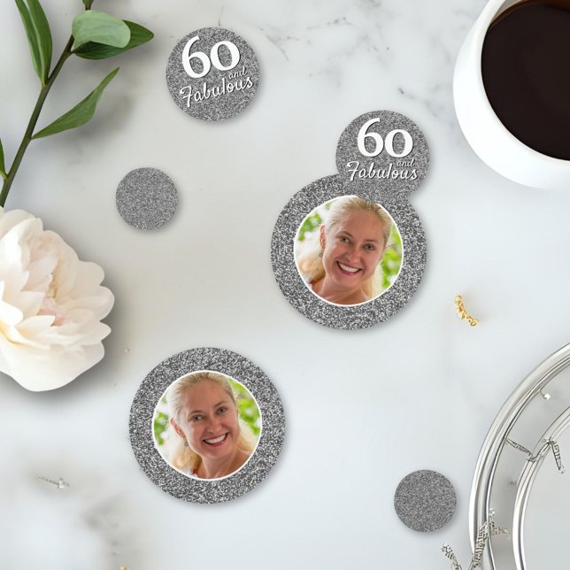 60 and Fabulous Silver Glitter Photo 60th Birthday Confetti (Creator Uploaded)