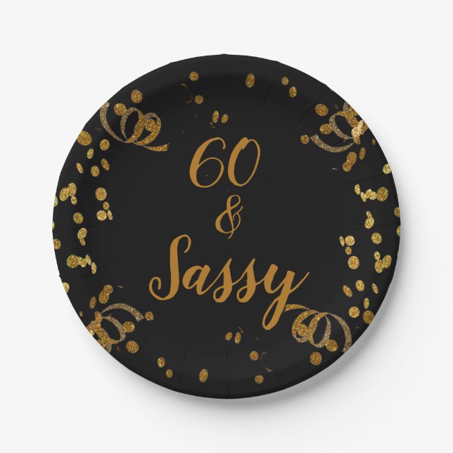 60 and Sassy 60th Birthday Black | Faux Gold Paper Plate (Front)