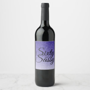 60 and Sassy 60th Birthday Blue Glitter Ombre Wine Label