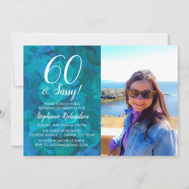 60 and Sassy Abstract Ocean Blue Photo Birthday Invitation (Front)