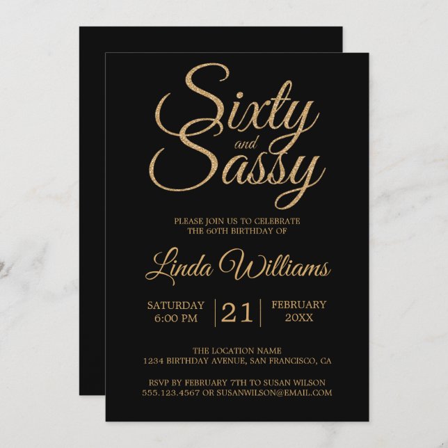 60 and Sassy Black Gold 60th Birthday Party Invitation (Front/Back)